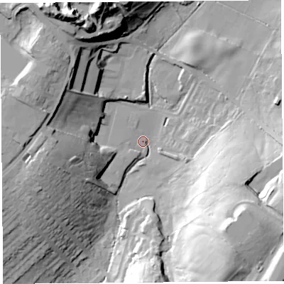 Shaded relief map of the ground around LA13LA, computed from Environment Agency LiDAR. The ground here sits at about 60 m above sea level and falls 39 m across the surrounding 800 m. Surface water reaching this point runs off ground lying to the north-north-west, 37.8 m higher.