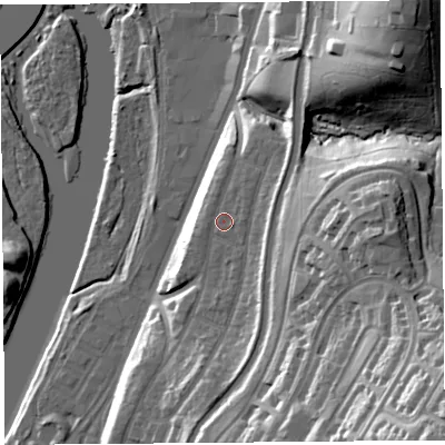 Shaded relief map of the ground around LA13NR, computed from Environment Agency LiDAR. The ground here sits at about 17 m above sea level and falls 51 m across the surrounding 800 m. Surface water reaching this point runs off ground lying to the north-east, 2.8 m higher.