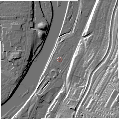 Shaded relief map of the ground around LA13NX, computed from Environment Agency LiDAR. The ground here sits at about 7 m above sea level and falls 44 m across the surrounding 800 m. The ground contributing surface water to this point lies to the east.