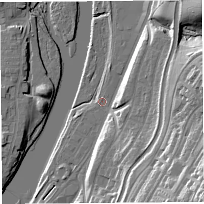 Shaded relief map of the ground around LA13NY, computed from Environment Agency LiDAR. The ground here sits at about 7 m above sea level and falls 48 m across the surrounding 800 m. Surface water reaching this point runs off ground lying to the north, 0.7 m higher.