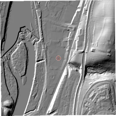 Shaded relief map of the ground around LA13PA, computed from Environment Agency LiDAR. The ground here sits at about 7 m above sea level and falls 45 m across the surrounding 800 m. Surface water reaching this point runs off ground lying to the north-east, 4.0 m higher.