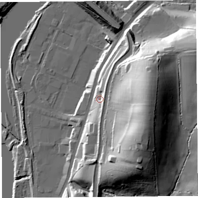 Shaded relief map of the ground around LA13PE, computed from Environment Agency LiDAR. The ground here sits at about 17 m above sea level and falls 45 m across the surrounding 800 m. Surface water reaching this point runs off ground lying to the east, 25.9 m higher.