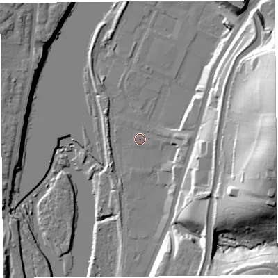 Shaded relief map of the ground around LA13PQ, computed from Environment Agency LiDAR. The ground here sits at about 8 m above sea level and falls 44 m across the surrounding 800 m. Surface water reaching this point runs off ground lying to the east, 1.9 m higher.
