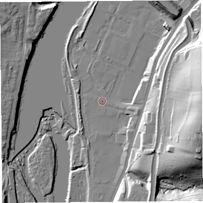 Shaded relief map of the ground around LA13QY, computed from Environment Agency LiDAR. The ground here sits at about 8 m above sea level and falls 43 m across the surrounding 800 m. Surface water reaching this point runs off ground lying to the east-south-east, 1.9 m higher.
