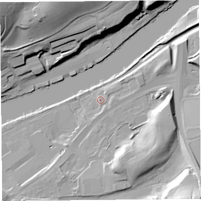Shaded relief map of the ground around LA13RA, computed from Environment Agency LiDAR. The ground here sits at about 10 m above sea level and falls 40 m across the surrounding 800 m. Surface water reaching this point runs off ground lying to the east-north-east, 4.4 m higher.