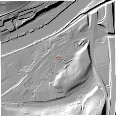 Shaded relief map of the ground around LA13SW, computed from Environment Agency LiDAR. The ground here sits at about 11 m above sea level and falls 44 m across the surrounding 800 m. Surface water reaching this point runs off ground lying to the south-south-east, 12.0 m higher.