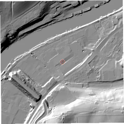 Shaded relief map of the ground around LA13TD, computed from Environment Agency LiDAR. The ground here sits at about 9 m above sea level and falls 43 m across the surrounding 800 m. Surface water reaching this point runs off ground lying to the south, 2.8 m higher.