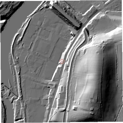 Shaded relief map of the ground around LA13UA, computed from Environment Agency LiDAR. The ground here sits at about 11 m above sea level and falls 45 m across the surrounding 800 m. Surface water reaching this point runs off ground lying to the east-north-east, 5.4 m higher.