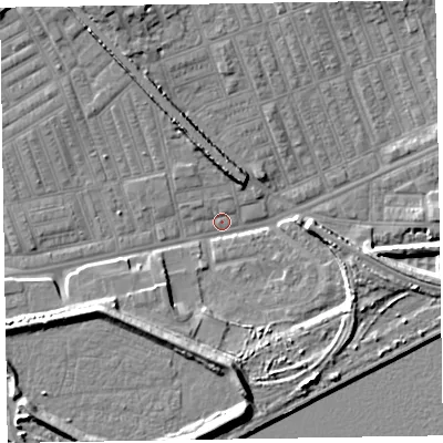 Shaded relief map of the ground around LA142AN, computed from Environment Agency LiDAR. The ground here sits at about 4 m above sea level and falls 10 m across the surrounding 800 m. Surface water reaching this point runs off ground lying to the north-north-west, 5.7 m higher.