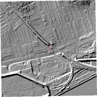 Shaded relief map of the ground around LA142AP, computed from Environment Agency LiDAR. The ground here sits at about 5 m above sea level and falls 10 m across the surrounding 800 m. Surface water reaching this point runs off ground lying to the north-west, 5.1 m higher.