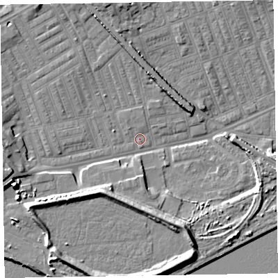 Shaded relief map of the ground around LA142AS, computed from Environment Agency LiDAR. The ground here sits at about 5 m above sea level and falls 12 m across the surrounding 800 m. Surface water reaching this point runs off ground lying to the west-south-west, 9.3 m higher.