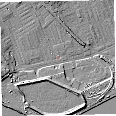 Shaded relief map of the ground around LA142AU, computed from Environment Agency LiDAR. The ground here sits at about 5 m above sea level and falls 12 m across the surrounding 800 m. Surface water reaching this point runs off ground lying to the west-south-west, 10.6 m higher.