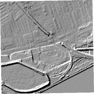 Shaded relief map of the ground around LA142AW, computed from Environment Agency LiDAR. The ground here sits at about 5 m above sea level and falls 10 m across the surrounding 800 m. Surface water reaching this point runs off ground lying to the west-south-west, 8.7 m higher.