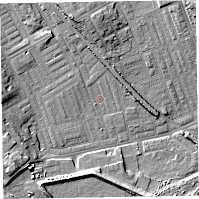 Shaded relief map of the ground around LA142AY, computed from Environment Agency LiDAR. The ground here sits at about 5 m above sea level and falls 12 m across the surrounding 800 m. Surface water reaching this point runs off ground lying to the north, 3.8 m higher.