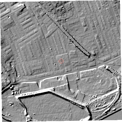 Shaded relief map of the ground around LA142BA, computed from Environment Agency LiDAR. The ground here sits at about 5 m above sea level and falls 12 m across the surrounding 800 m. Surface water reaching this point runs off ground lying to the north-north-west, 4.6 m higher.