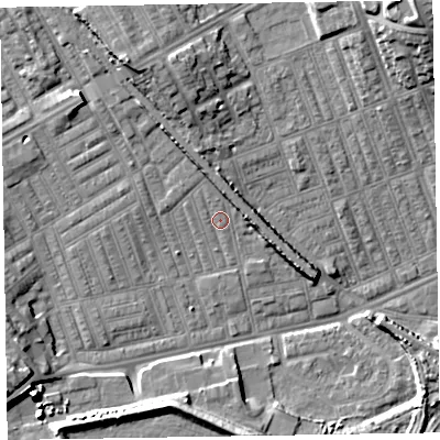 Shaded relief map of the ground around LA142BB, computed from Environment Agency LiDAR. The ground here sits at about 6 m above sea level and falls 15 m across the surrounding 800 m. Surface water reaching this point runs off ground lying to the east, 3.8 m higher.