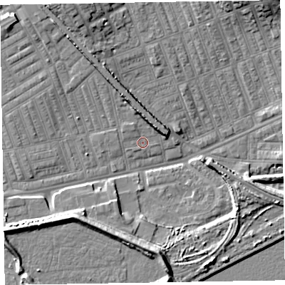 Shaded relief map of the ground around LA142BD, computed from Environment Agency LiDAR. The ground here sits at about 5 m above sea level and falls 10 m across the surrounding 800 m. Surface water reaching this point runs off ground lying to the north-north-west, 1.2 m higher.