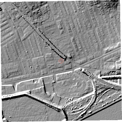Shaded relief map of the ground around LA142BE, computed from Environment Agency LiDAR. The ground here sits at about 5 m above sea level and falls 10 m across the surrounding 800 m. Surface water reaching this point runs off ground lying to the north-west, 5.0 m higher.