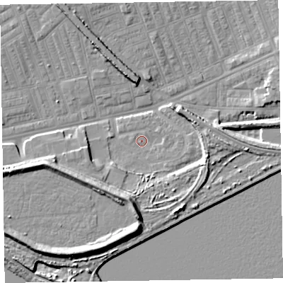 Shaded relief map of the ground around LA142BG, computed from Environment Agency LiDAR. The ground here sits at about 5 m above sea level and falls 10 m across the surrounding 800 m. Surface water reaching this point runs off ground lying to the south-south-east, 1.3 m higher.