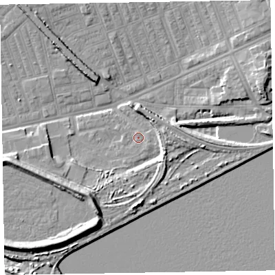 Shaded relief map of the ground around LA142BH, computed from Environment Agency LiDAR. The ground here sits at about 5 m above sea level and falls 10 m across the surrounding 800 m. Surface water reaching this point runs off ground lying to the north-east, 4.9 m higher.