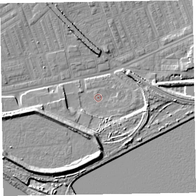 Shaded relief map of the ground around LA142BQ, computed from Environment Agency LiDAR. The ground here sits at about 5 m above sea level and falls 10 m across the surrounding 800 m. Surface water reaching this point runs off ground lying to the south-east, 1.3 m higher.
