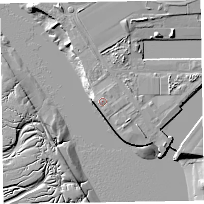 Shaded relief map of the ground around LA142GR, computed from Environment Agency LiDAR. The ground here sits at about 8 m above sea level and falls 15 m across the surrounding 800 m. Surface water reaching this point runs off ground lying to the north-north-east, 0.7 m higher.