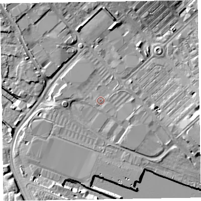 Shaded relief map of the ground around LA142NE, computed from Environment Agency LiDAR. The ground here sits at about 8 m above sea level and falls 10 m across the surrounding 800 m. Surface water reaching this point runs off ground lying to the south-east, 1.1 m higher.