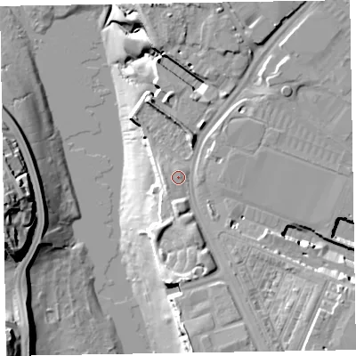 Shaded relief map of the ground around LA142PP, computed from Environment Agency LiDAR. The ground here sits at about 8 m above sea level and falls 22 m across the surrounding 800 m. Surface water reaching this point runs off ground lying to the south-south-east, 6.1 m higher.