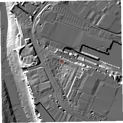 Shaded relief map of the ground around LA142PT, computed from Environment Agency LiDAR. The ground here sits at about 11 m above sea level and falls 19 m across the surrounding 800 m. Surface water reaching this point runs off ground lying to the south-south-east, 5.0 m higher.