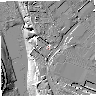 Shaded relief map of the ground around LA142PW, computed from Environment Agency LiDAR. The ground here sits at about 7 m above sea level and falls 17 m across the surrounding 800 m. Surface water reaching this point runs off ground lying to the north-east, 8.4 m higher.