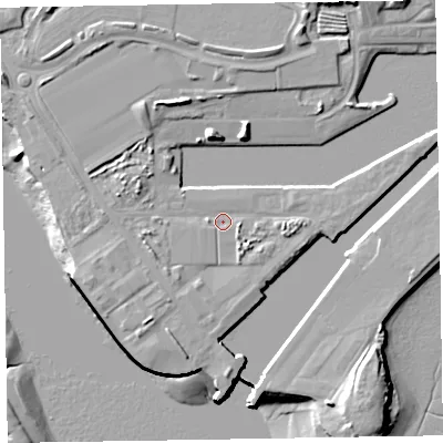 Shaded relief map of the ground around LA142TB, computed from Environment Agency LiDAR. The ground here sits at about 6 m above sea level and falls 17 m across the surrounding 800 m. Surface water reaching this point runs off ground lying to the south-south-east, 2.0 m higher.
