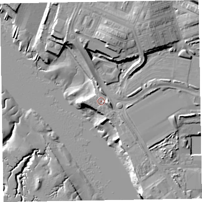 Shaded relief map of the ground around LA142TF, computed from Environment Agency LiDAR. The ground here sits at about 7 m above sea level and falls 21 m across the surrounding 800 m. Surface water reaching this point runs off ground lying to the north, 12.6 m higher.