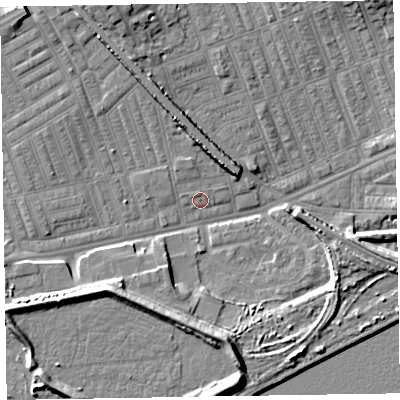 Shaded relief map of the ground around LA142UL, computed from Environment Agency LiDAR. The ground here sits at about 5 m above sea level and falls 10 m across the surrounding 800 m. Surface water reaching this point runs off ground lying to the north-north-west, 1.8 m higher.