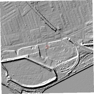 Shaded relief map of the ground around LA142UW, computed from Environment Agency LiDAR. The ground here sits at about 5 m above sea level and falls 10 m across the surrounding 800 m. Surface water reaching this point runs off ground lying to the south, 7.5 m higher.