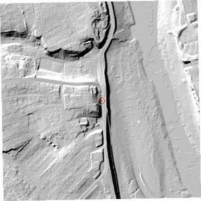 Shaded relief map of the ground around LA143AA, computed from Environment Agency LiDAR. The ground here sits at about 10 m above sea level and falls 23 m across the surrounding 800 m. Surface water reaching this point runs off ground lying to the west-south-west, 9.8 m higher.