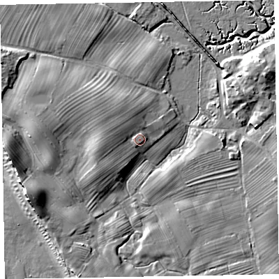 Shaded relief map of the ground around LA143AX, computed from Environment Agency LiDAR. The ground here sits at about 7 m above sea level and falls 11 m across the surrounding 800 m. Surface water reaching this point runs off ground lying to the north-west, 2.5 m higher.