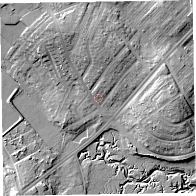 Shaded relief map of the ground around LA143DF, computed from Environment Agency LiDAR. The ground here sits at about 9 m above sea level and falls 18 m across the surrounding 800 m. Surface water reaching this point runs off ground lying to the north, 9.2 m higher.