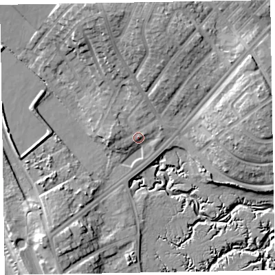 Shaded relief map of the ground around LA143DJ, computed from Environment Agency LiDAR. The ground here sits at about 7 m above sea level and falls 17 m across the surrounding 800 m. Surface water reaching this point runs off ground lying to the north-north-west, 11.7 m higher.
