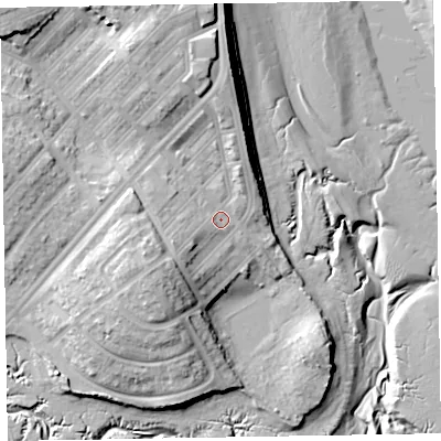 Shaded relief map of the ground around LA143EA, computed from Environment Agency LiDAR. The ground here sits at about 10 m above sea level and falls 22 m across the surrounding 800 m. Surface water reaching this point runs off ground lying to the north-west, 10.0 m higher.