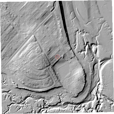 Shaded relief map of the ground around LA143EL, computed from Environment Agency LiDAR. The ground here sits at about 10 m above sea level and falls 22 m across the surrounding 800 m. Surface water reaching this point runs off ground lying to the west, 8.2 m higher.
