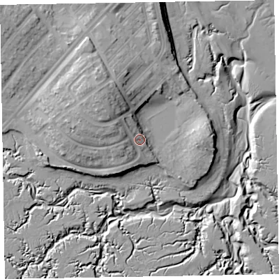 Shaded relief map of the ground around LA143HB, computed from Environment Agency LiDAR. The ground here sits at about 10 m above sea level and falls 22 m across the surrounding 800 m. Surface water reaching this point runs off ground lying to the north-west, 8.5 m higher.