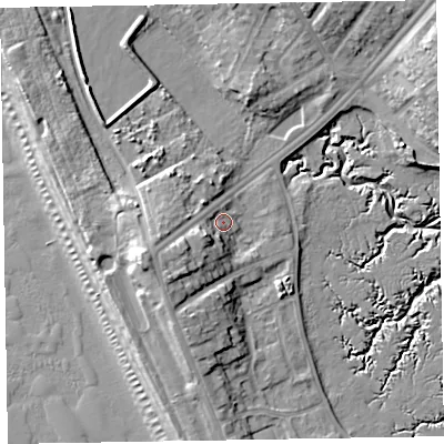 Shaded relief map of the ground around LA143HN, computed from Environment Agency LiDAR. The ground here sits at about 8 m above sea level and falls 16 m across the surrounding 800 m. Surface water reaching this point runs off ground lying to the west-south-west, 6.0 m higher.