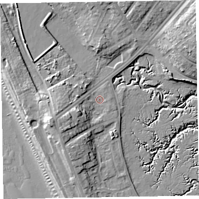 Shaded relief map of the ground around LA143HW, computed from Environment Agency LiDAR. The ground here sits at about 6 m above sea level and falls 17 m across the surrounding 800 m. Surface water reaching this point runs off ground lying to the west-south-west, 8.4 m higher.