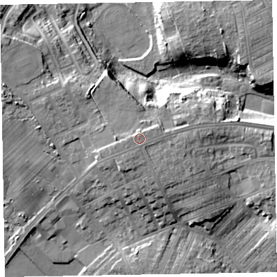 Shaded relief map of the ground around LA143HY, computed from Environment Agency LiDAR. The ground here sits at about 21 m above sea level and falls 16 m across the surrounding 800 m. Surface water reaching this point runs off ground lying to the west-south-west, 1.9 m higher.