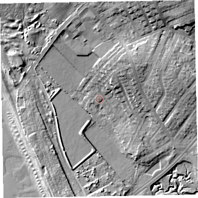Shaded relief map of the ground around LA143JP, computed from Environment Agency LiDAR. The ground here sits at about 8 m above sea level and falls 20 m across the surrounding 800 m. Surface water reaching this point runs off ground lying to the north-east, 9.0 m higher.