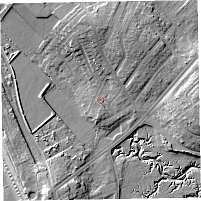 Shaded relief map of the ground around LA143JW, computed from Environment Agency LiDAR. The ground here sits at about 8 m above sea level and falls 16 m across the surrounding 800 m. Surface water reaching this point runs off ground lying to the west-south-west, 1.3 m higher.