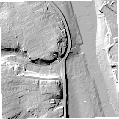 Shaded relief map of the ground around LA143PE, computed from Environment Agency LiDAR. The ground here sits at about 6 m above sea level and falls 24 m across the surrounding 800 m. Surface water reaching this point runs off ground lying to the north-north-west, 13.2 m higher.
