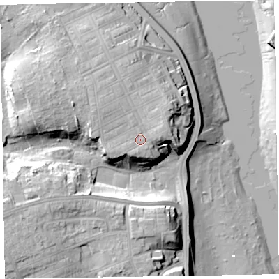 Shaded relief map of the ground around LA143PF, computed from Environment Agency LiDAR. The ground here sits at about 16 m above sea level and falls 25 m across the surrounding 800 m. Surface water reaching this point runs off ground lying to the east-north-east, 2.8 m higher.
