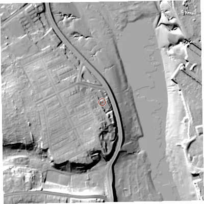 Shaded relief map of the ground around LA143QE, computed from Environment Agency LiDAR. The ground here sits at about 10 m above sea level and falls 24 m across the surrounding 800 m. Surface water reaching this point runs off ground lying to the south, 11.7 m higher.