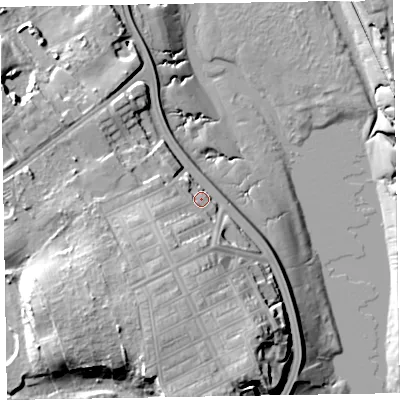 Shaded relief map of the ground around LA143QR, computed from Environment Agency LiDAR. The ground here sits at about 8 m above sea level and falls 23 m across the surrounding 800 m. Surface water reaching this point runs off ground lying to the south-south-west, 10.8 m higher.